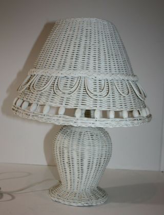 Vintage White Wicker Table Lamp And Shade Cottage 18 " H
