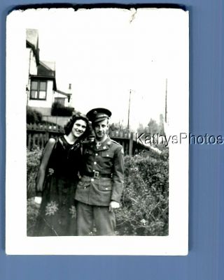Found B&w Photo F,  4433 Soldier Posed With Pretty Woman In Dress