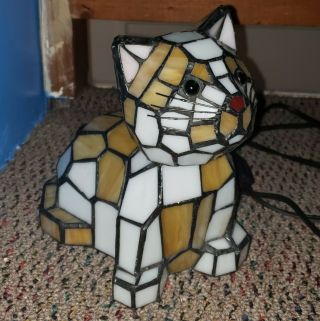 Meyda Tiffany Stained Glass Kitty Cat Lamp Bobble Head Whiskers Green Eyes