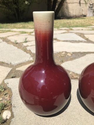 20th C PAIR 9”T Chinese Jingdezhen Oxblood Red Porcelain Bottle Vases Langyao NR 2