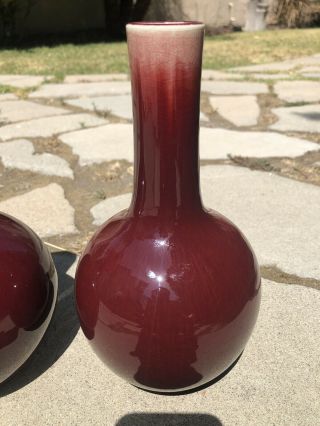 20th C PAIR 9”T Chinese Jingdezhen Oxblood Red Porcelain Bottle Vases Langyao NR 3