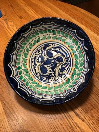 Mexican Handpainted 12” Blue,  Green,  Yellow,  And Red Serving Bowl