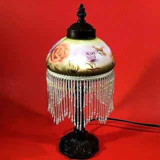 Victorian Style Hand Painted Lamp Glass Shade & Beads Roses Butterflies 131/2 "