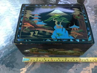 Vintage Black Lacquer With Shell Inlay Japanese Jewelry Music Box Plays Music