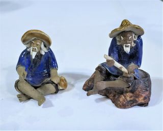 Vintage Shiwan Chinese Mudman Ceramic Glazed Art Pottery 2 Fisherman Figurines