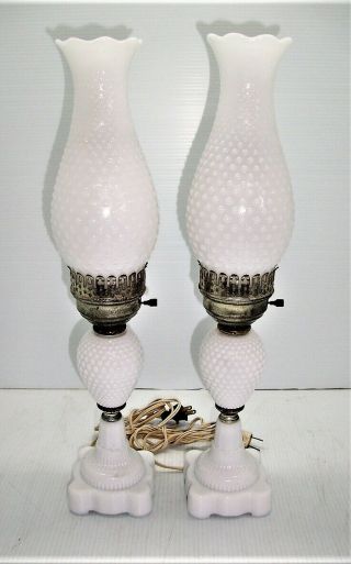 Tall Pair Vintage Milk Glass Hobnail,  Hurricane,  Boudoir Dresser Table Lamps,  Vgc