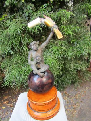 Maitland - Smith Verdigris Bronze Patina Penshell Banana Leaf Monkey Lamp