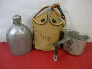 Post - Wwi Aef Us Army M1917 Mounted Cavalry Canteen W/khaki Cover & Cup Dtd 1934