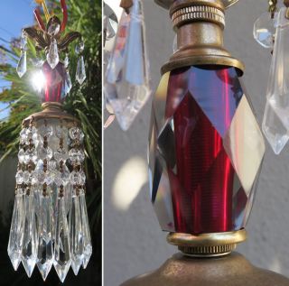 1o8 Mini Vintage Smokey Ruby Brass Hanging Lamp Chandelier Crystal Glass Prisms