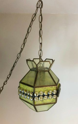 Vintage Hanging Green Glass Swag Lamp - Retro - Olive Green - Marbles - Smaller 2