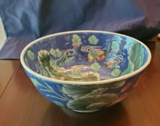 Vintage Chinese Porcelain Blue Bowl Lotus Flowers Birds Ducks Made In China