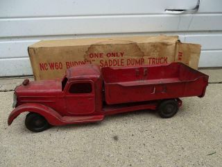 Vintage 1950s Pressed Steel Buddy L Saddle Dump Truck Riding W/ Box Toy Model