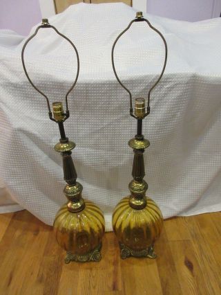 Set Of Two Vintage Stately Lamps Amber Glass