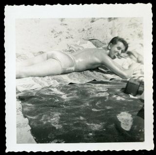Vintage Photo Thin Young Man Laying On Beach Satin Swim Trunks Gay Interest 