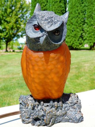 Vtg Tin Chi Frosted Amber Glass / Owl Table Lamp - Night Light / Halloween