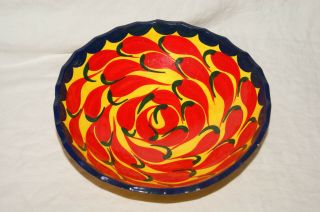 9 1/2 " Pottery Footed Bowl - Painted Bright Red Chili Peppers - Ixtapa