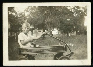 Vintage Photo Young Boy Sits In Heavy Duty Red Wagon 1951