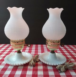 Vintage Milk Glass Hobnail Hurricane Lamps W/corn Row Globes.  So Pretty