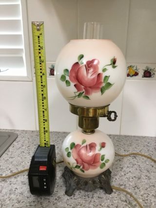 Small Hurricane Lamp Vintage Gone With Roses Milk Glass Hand Painted