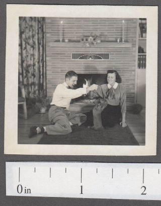 Young Man And Woman Playing With Dog 1950s Vintage Snapshot Photo - T969