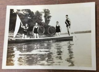 Vtg.  1932 Snapshot Photo - Wood Boat - Men - Women - Bathing Suits - Inner Tubes