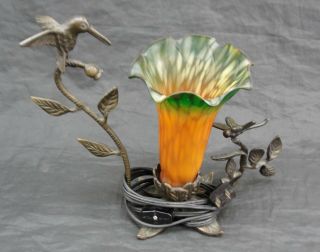 Vintage Tiffany Style Desk Lamp Night Light Tulip Shade Hummingbird Petal Base