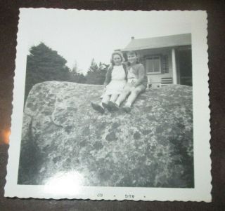 Vintage Black & White Photograph Two Girls Sitting On Rock