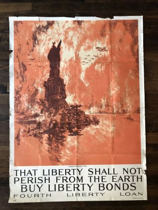 Large Ww1 Fourth Liberty Loan Poster Statue Of Liberty Biplane