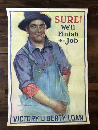 Large Ww1 Victory Liberty Loan Poster With Work Wear Worker 1918