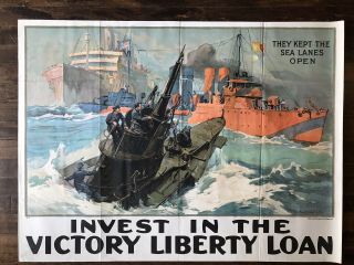Large Ww1 Victory Liberty Loan Poster Submarine Navy Ships Art