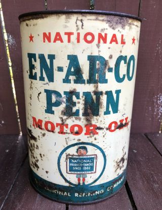 Vtg 1940s Enarco Penn Motor Oil 5 Quart Oil Can Tin National Refining Co.  Oil