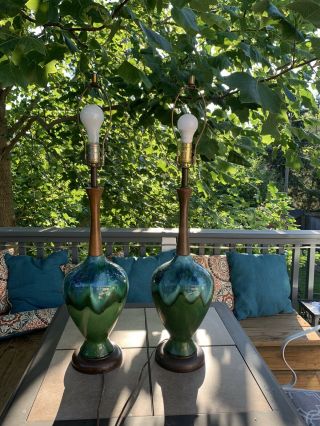 Vintage 1950’s Ceramic Green Drip Table Top Lamp - Set Of 2