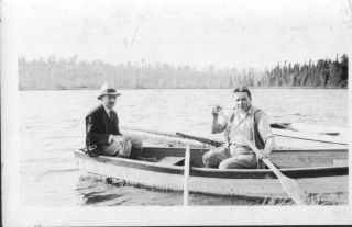 Vintage Photo Two Men In A Canoe On A Lake Circa 1940 