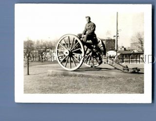 Found B&w Photo N,  6202 Soldier Posed Sitting On Old Cannon