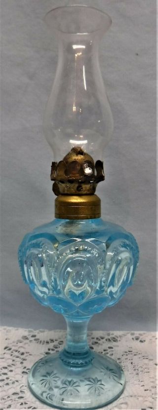 Vintage Blue Moon & Star Glass Miniature Oil Lamp & Clear Hurricane