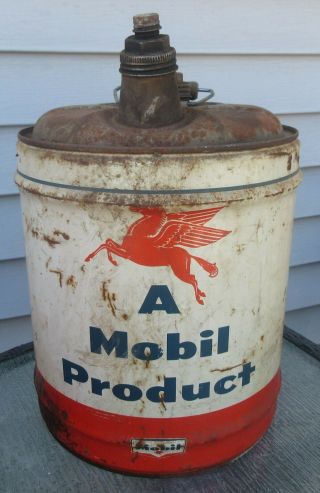 Vintage Mobil Lubrite Motor Oil Can 5 Gallon Wood Handle Pegasus Flying Horse