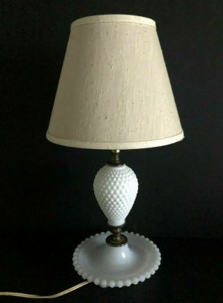 Vintage Hobnail Milk Glass And Brass Table Lamp With Shade 15.  5 " Tall