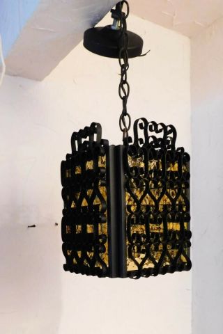 Vintage Wrought Iron Amber Glass Hanging Light Gothic Spanish Mid Century 2