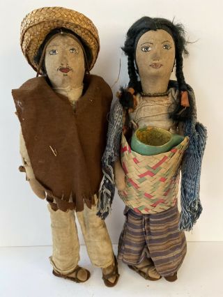 Antique Mexican Folk Art Pair Man And Woman Farm Dolls,  Cloth,  Painted,  Leather