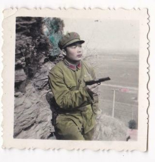Chinese Pla Soldier Pistol Hand Colored Photo People 