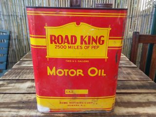 Vintage 2 Gallon Road King Acme Motor Oil Tin Can Gas Service Station