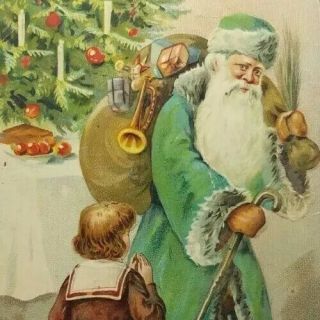 Antique Vintage 1908 Green Coat Santa Claus Christmas Holiday Postcard