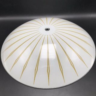 Vtg Bent Glass 15 " Round Ceiling Light Lamp White Shade Cover Gold Stripes Mcm
