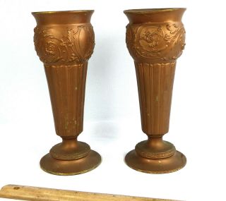 Vases Pair Cast Metal Vintage Copper Patina Great For Diy Lamps