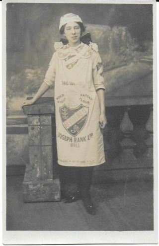 Unposted British Rppc Of A Woman In A Joseph Rank Ltd Flour Sack Dress