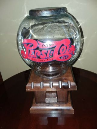 Vintage Wooden Pepsi Candy Gumball Dispenser With Graphic Glass Globe