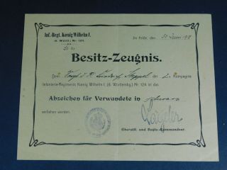 Ww1 German Document; Wound Badge Award,  124th Wurttemberg Regt,  1918 - - M546