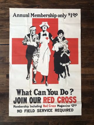 Very Large Ww1 Red Cross Poster Wounded Dough Boy Soldier Rare