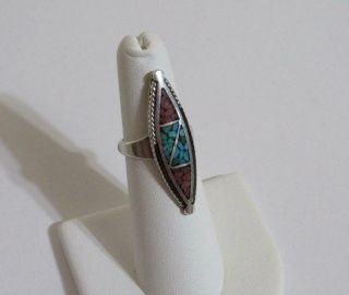 Vtg Zuni Native American Sterling Silver Crushed Turquoise Coral Ring Size 5.  5
