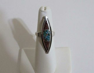 vtg Zuni Native American Sterling Silver crushed Turquoise Coral Ring Size 5.  5 2